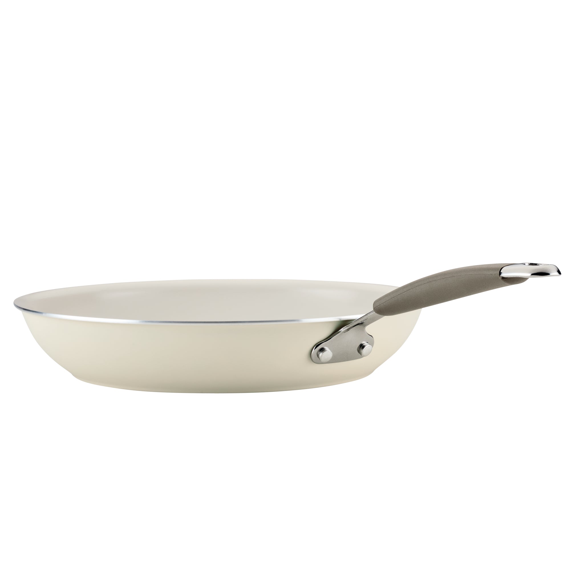 Ceramic Nonstick Frying Pan, cream color with gray handle, side view.