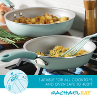 Two Nonstick Induction Frying Pans (9.5" & 11.75") cooking food on a stove.