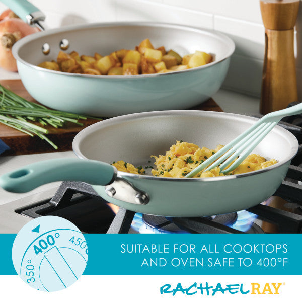 Two Nonstick Induction Frying Pans (9.5" & 11.75") cooking food on a stove.