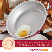 A fried egg cooking in an 8-Piece Stacking Nonstick Induction Skillet.