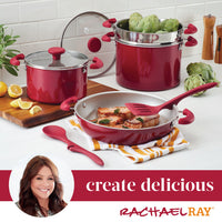 8-Piece Stacking Nonstick Induction Cookware Set with utensils on counter.