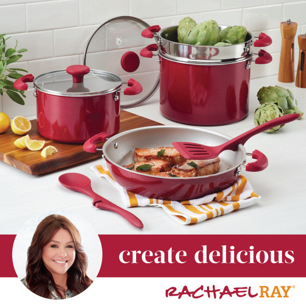 8-Piece Stacking Nonstick Induction Cookware Set with utensils on counter.