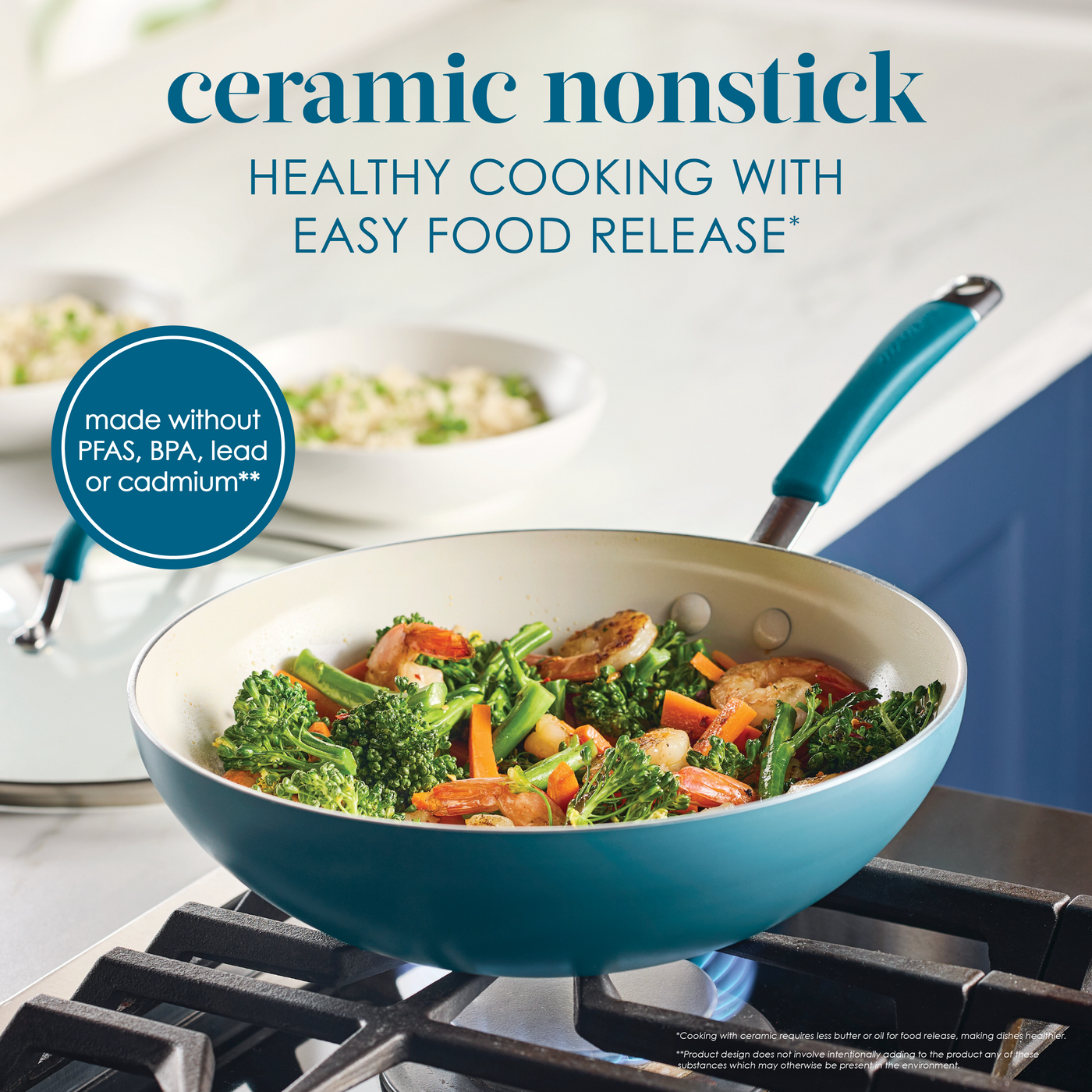 A frying pan with vegetables, shrimp, and a blue handle on a stovetop.