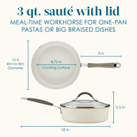 Diagram showing dimensions of a 3 qt. sauté pan with lid.