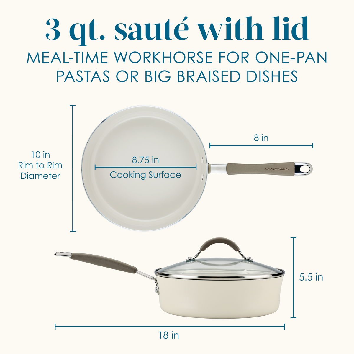 Diagram showing dimensions of a 3 qt. sauté pan with lid.