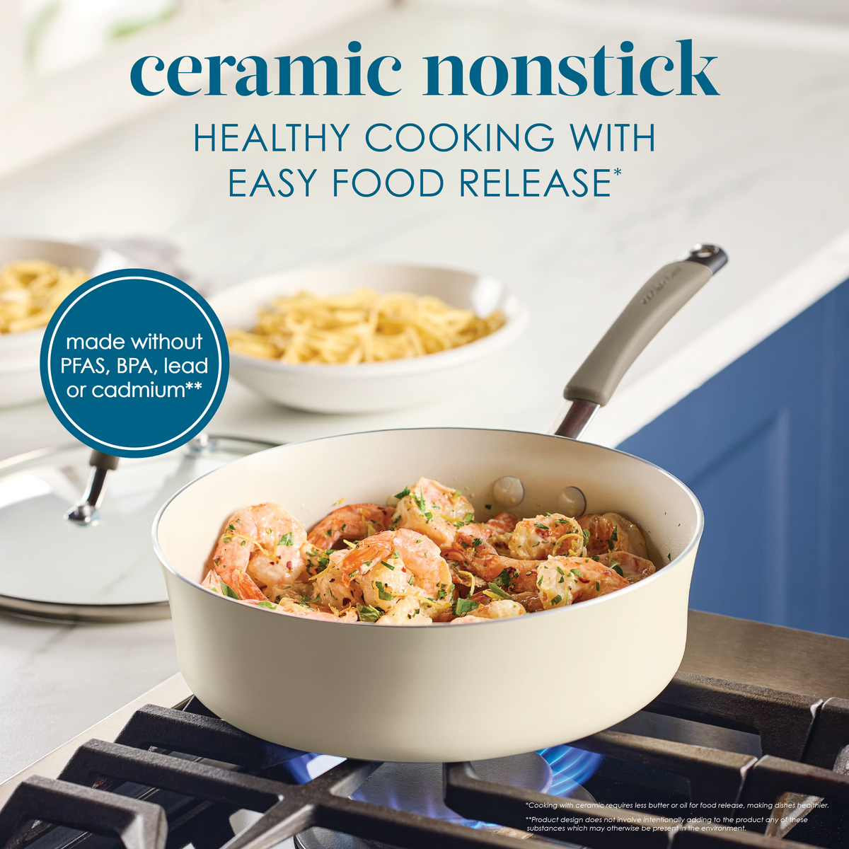 Nonstick ceramic skillet with food, pasta bowls in background.