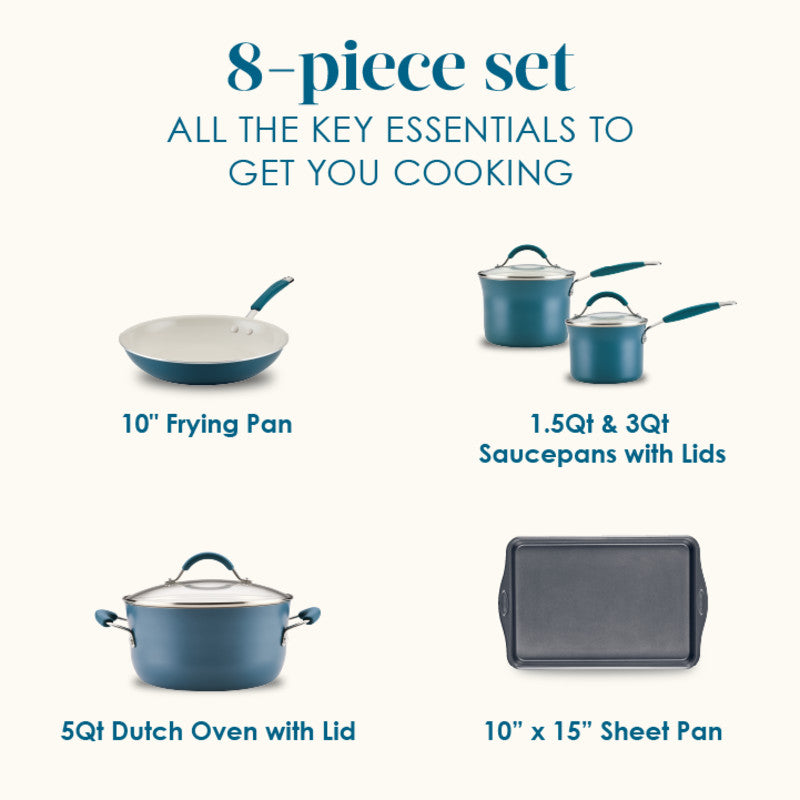 8-Piece Ceramic Nonstick Cookware Set with pans, Dutch oven, and sheet pan.