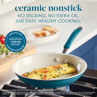 Omelet cooking in an 8-Piece Ceramic Nonstick Cookware Set on the stove.