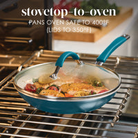 An 8-Piece Ceramic Nonstick Cookware Set sits on an oven rack, partially inside.