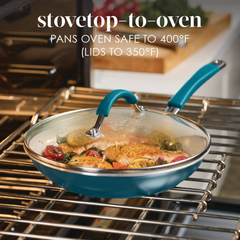 An 8-Piece Ceramic Nonstick Cookware Set sits on an oven rack, partially inside.
