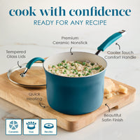 A blue 8-Piece Ceramic Nonstick Cookware Set with food on a cutting board.