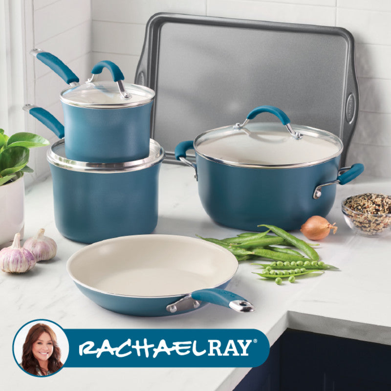 8-Piece Ceramic Nonstick Cookware Set shown on counter with vegetables.