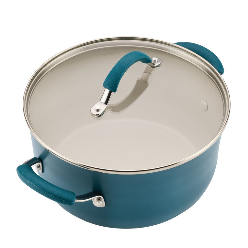 8-Piece Ceramic Nonstick Cookware Set with teal handles and lids.