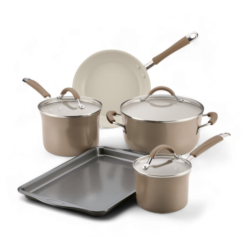 8-Piece Ceramic Nonstick Cookware Set in beige, includes pans, lids, and tray.