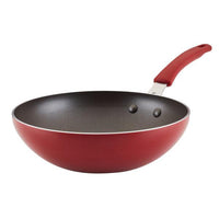 The 10.5-Inch Cook + Create Nonstick Open Stir Fry pan features a black interior, a red aluminum exterior, and a matching red handle.