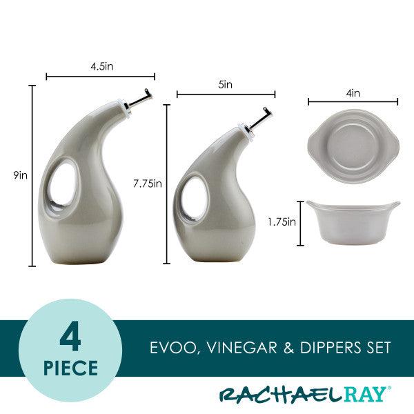 EVOO, vinegar, and dippers set with dimensions shown.