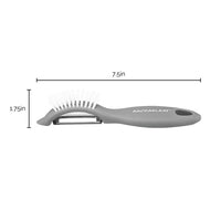Introducing the Veg-A-Peel 3-in-1 Tool: a 7.5-inch gray kitchen brush equipped with a built-in vegetable peeler, making it the ultimate multifunctional kitchen accessory. Additionally, it's dishwasher safe for effortless cleaning.
