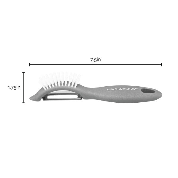Introducing the Veg-A-Peel 3-in-1 Tool: a 7.5-inch gray kitchen brush equipped with a built-in vegetable peeler, making it the ultimate multifunctional kitchen accessory. Additionally, it's dishwasher safe for effortless cleaning.