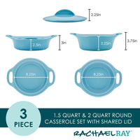 The 3-piece ceramic casserole set in blue, suitable for oven and dishwasher use, features 1.5 qt and 2 qt round dishes, each with a convenient lid.