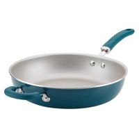 Nonstick Induction Deep Frying Pan with blue exterior and two handles.
