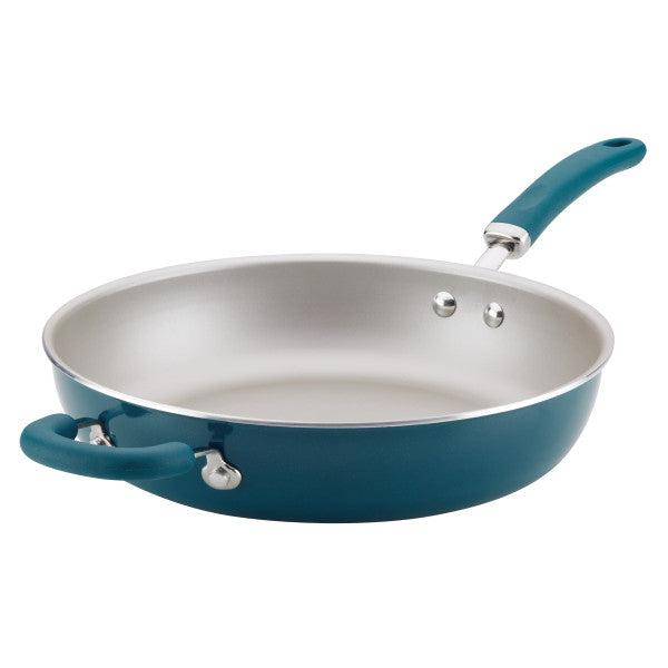 Nonstick Induction Deep Frying Pan with blue exterior and two handles.