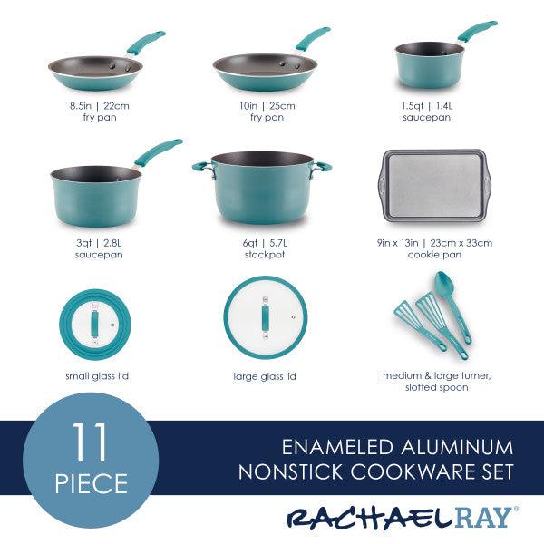 The Cook + Create Nonstick Cookware Sets boast scratch resistance for long-lasting durability and come with tempered glass lids. These sets include pots, pans, a cookie sheet, and utensils.