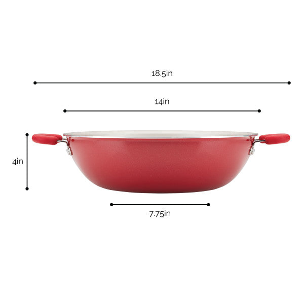 14.25-Inch Nonstick Induction Wok with handles, height and width in inches.