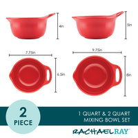 The 2-Piece Ceramic Mixing Bowl Set comes in red and includes bowls with 1-quart and 2-quart capacities, featuring labeled dimensions. These versatile kitchen bowls are dishwasher safe for easy cleaning.