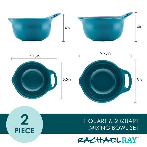 The 2-Piece Ceramic Mixing Bowl Set, beautifully designed in teal and crafted from durable ceramic, features a brand logo and versatile dimensions. Ideal for any kitchen task, these dishwasher-safe bowls seamlessly blend style with function.