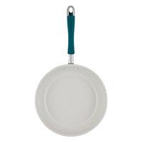 10-piece ceramic nonstick cookware set, white with teal handle, top view.