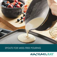 Pouring batter onto a griddle, with a bowl of berries in the background, highlights the charm of using the 2-Piece Ceramic Mixing Bowl Set. Their versatility shines through in any culinary task, and being dishwasher safe enhances their kitchen appeal.