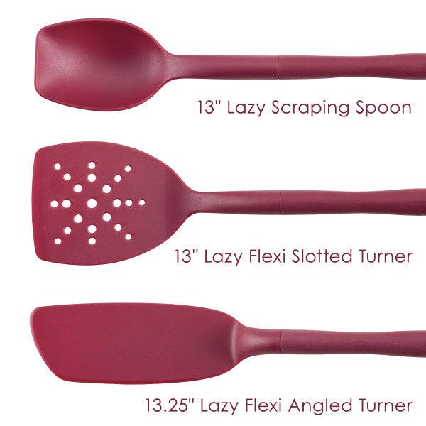 Introducing the 3-Piece Lazy Spoon and Turner Set, featuring a scraping spoon, slotted turner, and angled turner. These versatile and durable nylon cooking utensils are ideal for use with nonstick pots and pans.