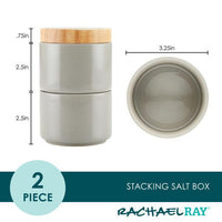 The Stacking Spice Box Set features a gray ceramic design with a wooden lid, making it ideal for organizing your favorite seasonings. Its dimensions are provided to assist in planning your kitchen space efficiently.