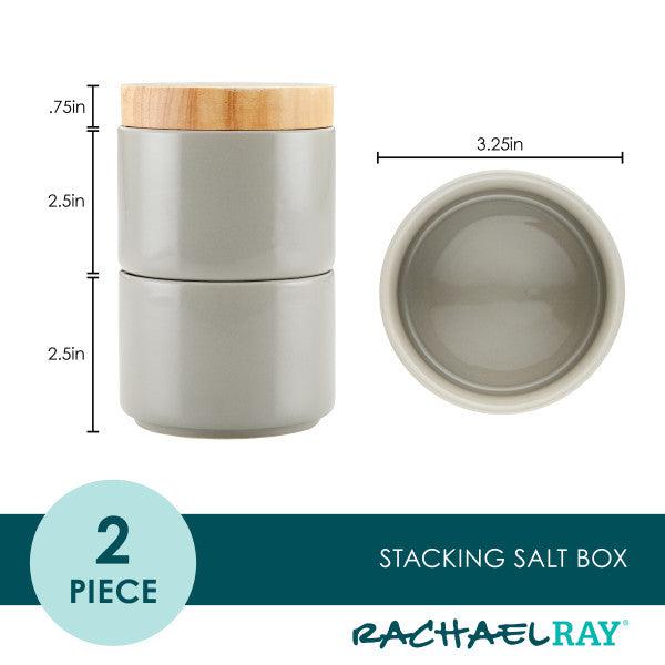 The Stacking Spice Box Set features a gray ceramic design with a wooden lid, making it ideal for organizing your favorite seasonings. Its dimensions are provided to assist in planning your kitchen space efficiently.