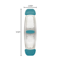Stainless Steel Multi-Grater with teal accents, featuring durable silicone handles and dimensions marked for precision.