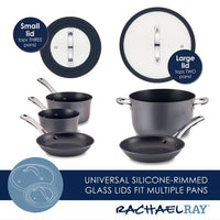 The Cook + Create Hard Anodized Nonstick Cookware Sets feature tempered glass lids with a silicone rim, designed to fit multiple pans seamlessly.