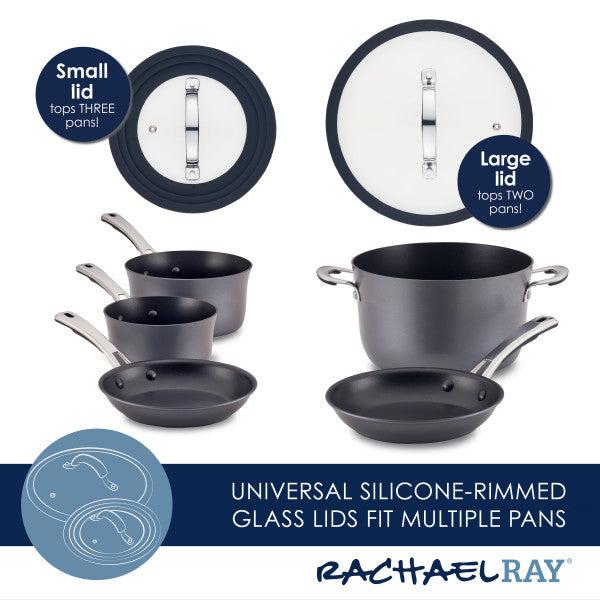 The Cook + Create Hard Anodized Nonstick Cookware Sets feature tempered glass lids with a silicone rim, designed to fit multiple pans seamlessly.