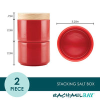 Red ceramic stacking spice box set with wood lid, shown with measurements.