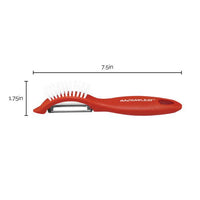The Veg-A-Peel 3-in-1 Tool, a versatile kitchen gadget with dimensions of 7.5x1.75 inches, is perfect for your culinary needs. It's not just handy but also dishwasher safe, making cleanup a breeze after crafting your delicious meals.