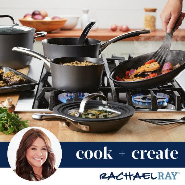 The scene highlights a 4.5-Quart Cook + Create Hard Anodized Nonstick Saucier Pan with Lid and Helper Handle, displaying its remarkable triple-layer nonstick technology as food sizzles on the stovetop, accompanied by an engaging portrait of a woman in the corner. This saucier is oven safe up to 400°F, offering a perfect blend of culinary creativity and kitchen sophistication.