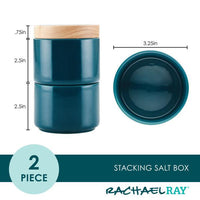 The Stacking Spice Box Set is a two-piece set in a vibrant teal color, featuring elegant ceramic construction and topped with a wooden lid for stylish storage.