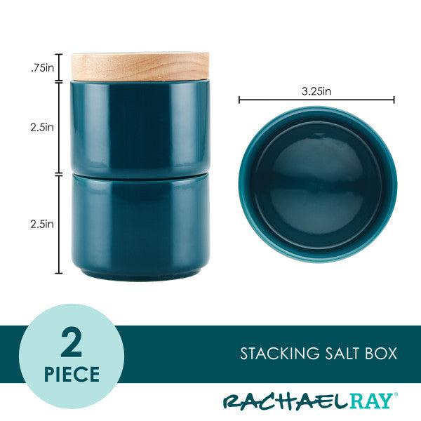 The Stacking Spice Box Set is a two-piece set in a vibrant teal color, featuring elegant ceramic construction and topped with a wooden lid for stylish storage.