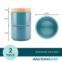 Blue ceramic Stacking Spice Box Set with a wooden lid, perfect for organizing your spices. Dimensions are labeled for convenience.