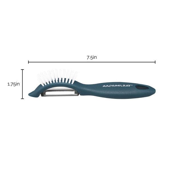 Veg-A-Peel 3-in-1 Tool featuring a blue handle and white bristles; dimensions displayed. Additionally, it’s dishwasher safe for effortless cleaning.
