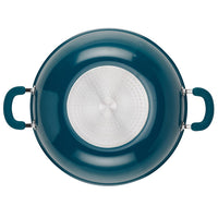 Top view of a teal 14.25-inch nonstick induction wok with two handles.