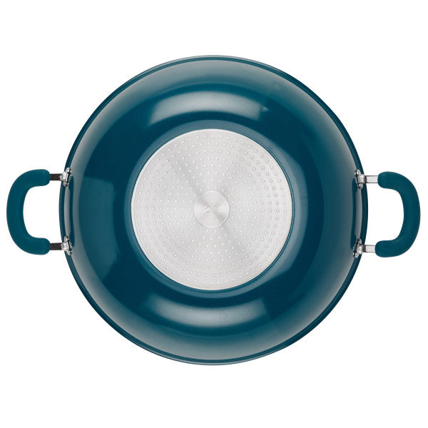 Top view of a teal 14.25-inch nonstick induction wok with two handles.