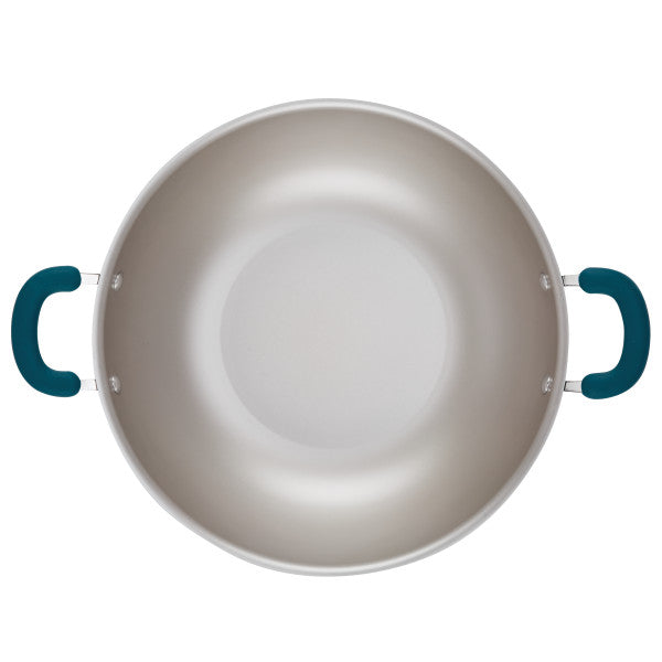 Top view of a 14.25-Inch Nonstick Induction Wok with teal handles on both sides.