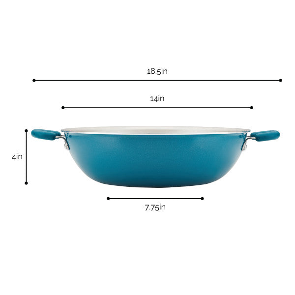 14.25-inch nonstick induction wok with handles, blue finish.