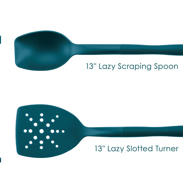 This 2-Piece Lazy Scraping Spoon and Turner set in teal includes a lazy tool notch to keep them conveniently within reach. These kitchen utensils are heat safe, making them perfect for effortless cooking against a white background.