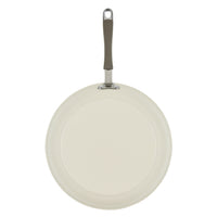 Top view of Ceramic Nonstick Frying Pan in cream with a dark handle.